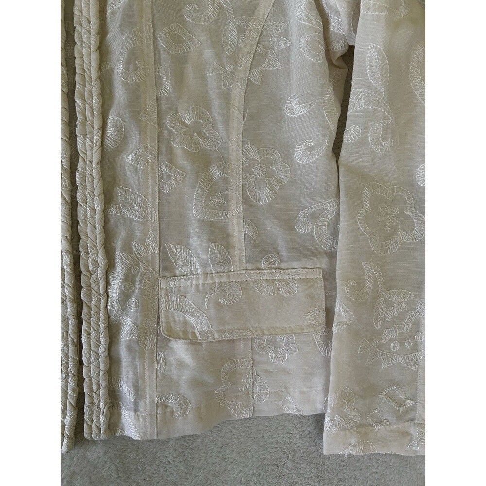 CHICOS Ivory Silk Linen Blend Open Front Jacket Embroidered Braided Lapel - Picture 8 of 13